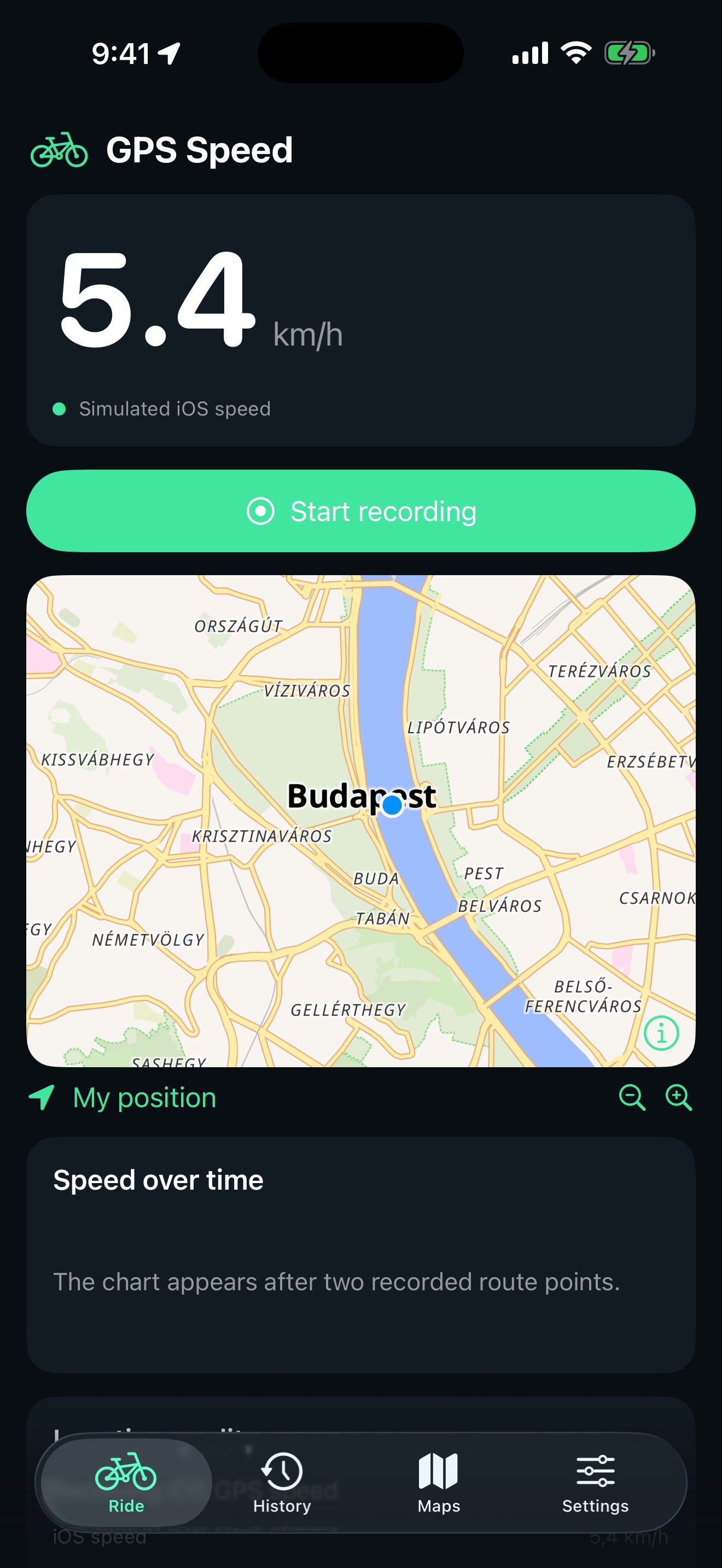 GPS Speed's Ride screen showing speed, location quality and recording controls